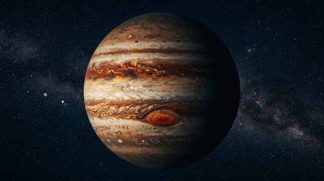 Jupiter planet displaying its great red spot in outer space