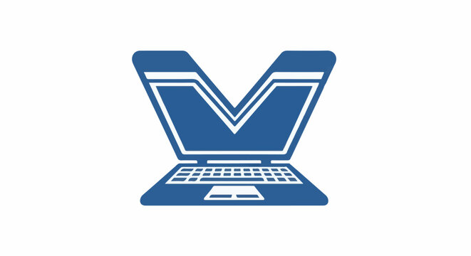 Abstract blue V-shaped laptop logo on white background