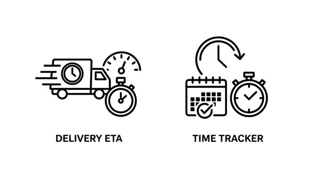 Delivery estimated time of arrival and schedule time tracker icons with delivery