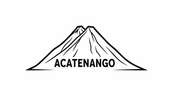 A stylized black and white drawing of a volcano with the word ACATENANGO across its base