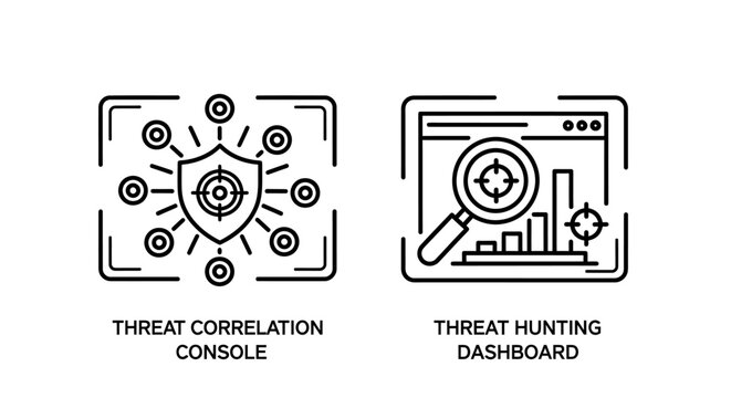 Threat correlation console and threat hunting dashboard cybersecurity icons