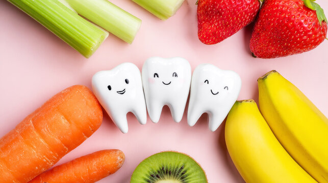 Happy cartoon teeth figurines surrounded by fresh fruits and vegetables, promoting oral health and balanced nutrition