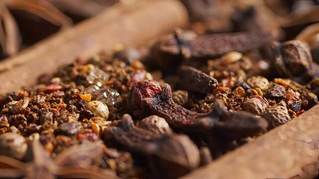 Closeup of assorted spices and herbs in a wooden bowl.