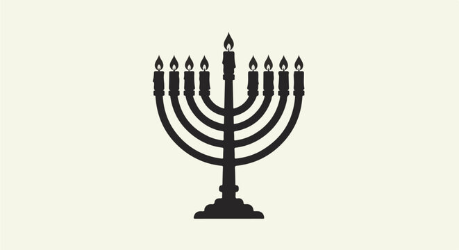 A silhouette of a menorah with nine lit candles on a cream background