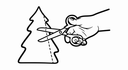 Fototapeta premium A hand uses scissors to cut out a tree shape along a dotted line