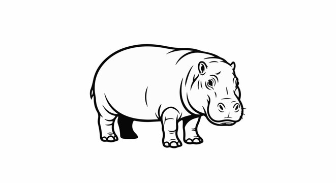 A bold, black-and-white line drawing of a hippopotamus stands on a white background