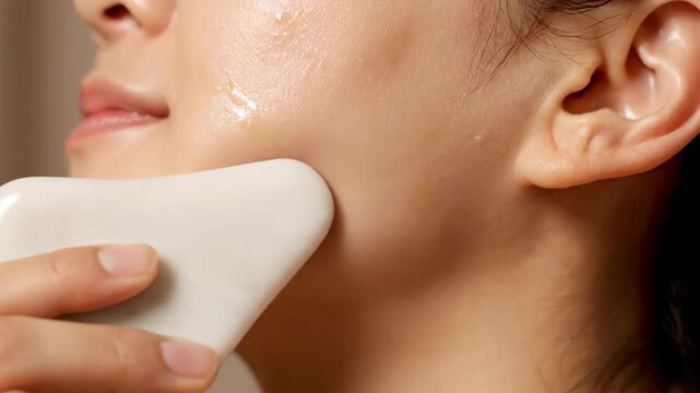Firming Jawline Massage Using Gua Sha Stone &ndash; Facial Lifting Skincare Routine and Wellness Concept 4K
