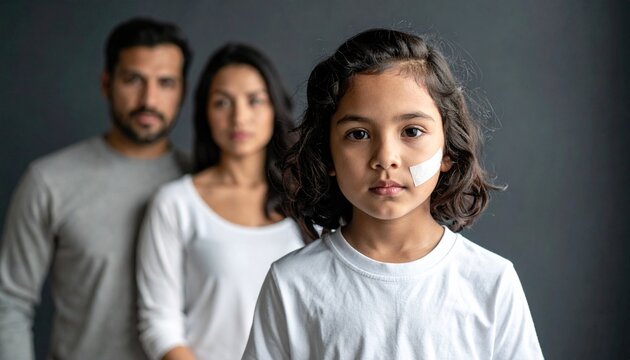A concerned family standing together with a young child who has a small adhesive bandage on their cheek indicating a minor facial injury.