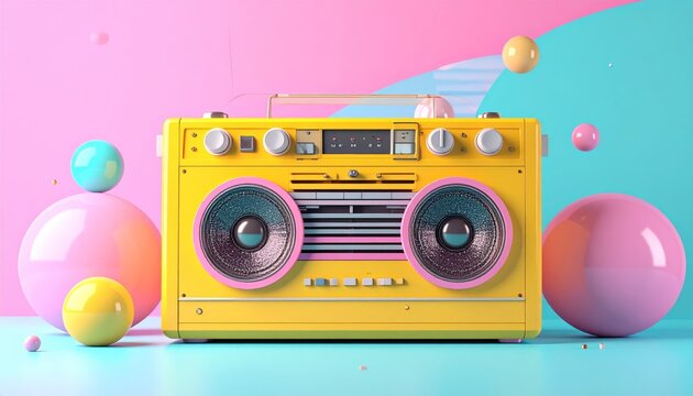 A vintage pink retro radio sits surrounded by festive balloons in a professional photography studio shot featuring a compact lens focus and old film technology design icon