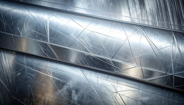 Abstract background featuring a textured brushed metal surface with intricate crisscross scratches and geometric patterns in metallic grey tone.