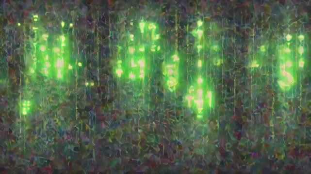 A luminescent green light streams vertically, casting a glow over an abstract, multi-colored backdrop