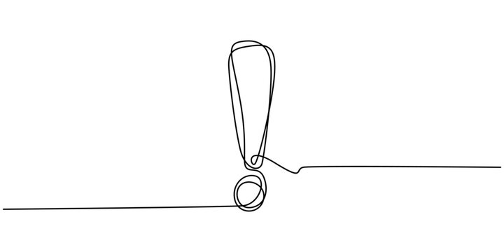 Exclamation mark one line art minimal continuous line drawing outline icon, Exclamation mark continuous one line. Hand drawn black attention marks isolated on white background. Hands drawing graphic