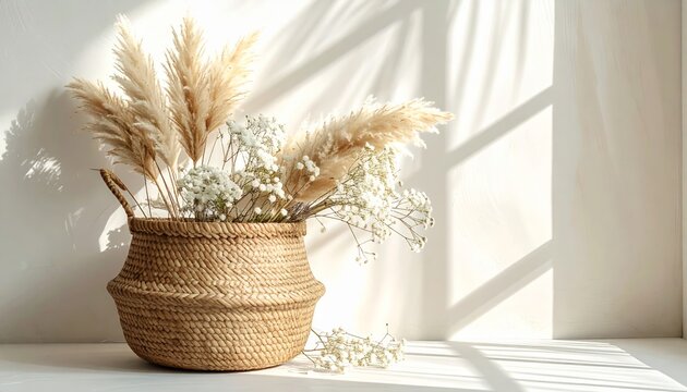 Natural gold ears of wheat in a festive pine basket and holiday jug decorated with green spruce branches and winter cones for a rustic Christmas celebration