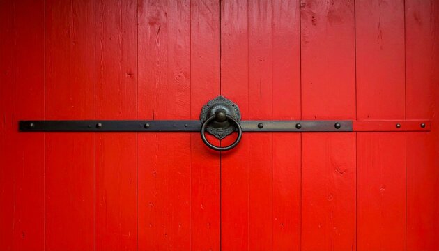 A vibrant red wooden door with a traditional metal ring knocker and horizontal iron strap details representing an ancient architectural design.
