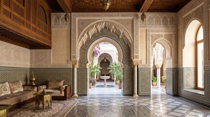 Obraz premium Luxurious Moroccan Riad Courtyard Interior with Intricate Tilework and Arches