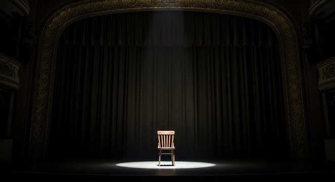 Empty wooden chair on a dark theater stage under a single spotlight.