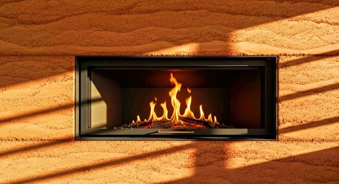 Modern Fireplace in Textured Clay Wall &ndash; Interior Design Marketing Shot Fireplace Clay Wall Texture Orange Flame