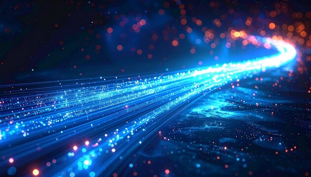 Abstract digital background with glowing blue light streaks and particles representing high speed data transmission and modern connectivity.