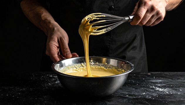 Professional chef hand whipping thick cake batter in a metal bowl for baking preparation in a dark restaurant kitchen environment studio.