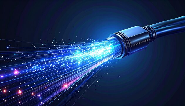 Abstract conceptual background showing high speed fiber optic cable with bright glowing light rays representing modern digital internet data.