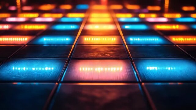 A close-up view of a glowing and colorful floor grid in a dark environment