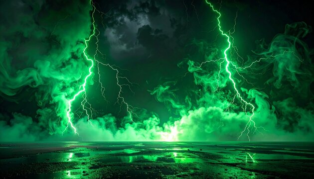 Dramatic background with bright green lightning strikes and swirling smoke clouds illuminating a wet dark ground in a powerful weather storm.