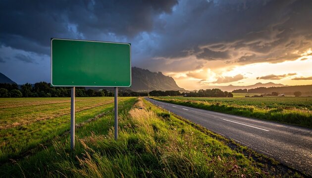 A blank rectangular green road sign standing by a country asphalt highway under a dramatic stormy sunset sky with mountains in distance.