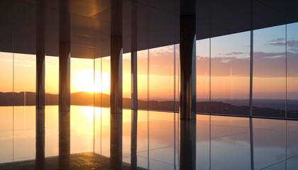 Fototapeta premium Modern luxury architectural interior with floor to ceiling glass walls overlooking a golden sunset landscape in a serene minimalist setting.