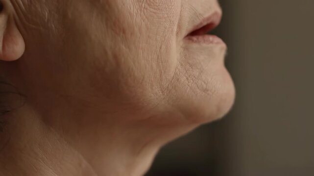 Profile View Showing Jawline Sagging and Jowls &ndash; Aging Skin Structure and Facial Anatomy Concept 4K
