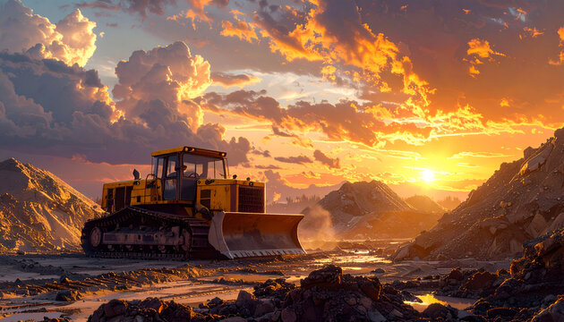 Heavy Duty Bulldozer Working at Sunset in a Mountainous Landscape.