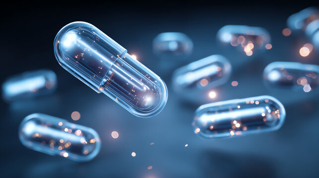 Floating transparent capsules with glowing highlights, showcasing innovation and technology in pharmaceuticals.