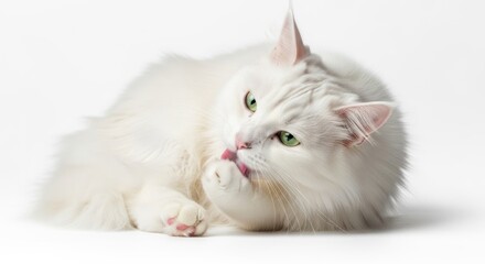 Fototapeta premium Elegant white cat grooming itself on a clean white background studio shot