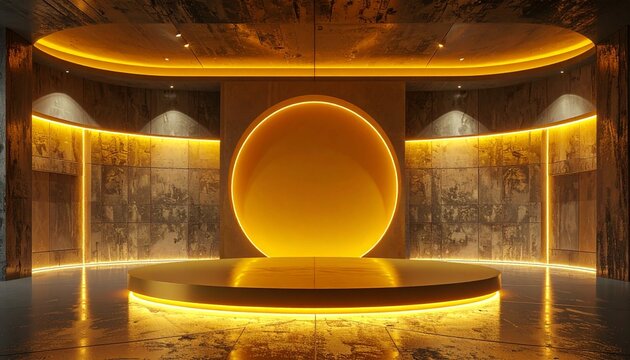A luxurious product display stage with glowing golden circular backlighting inside a modern stone architectural room for high end marketing.