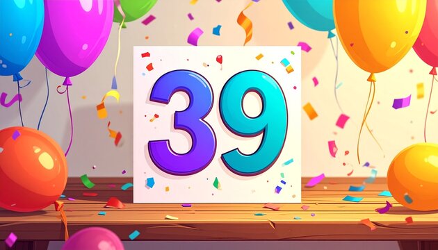 Birthday or anniversary card with number 39. Cartoon illustration with bright colors and balloons