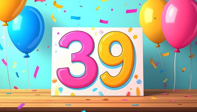 Birthday or anniversary card with number 39. Cartoon illustration with bright colors and balloons