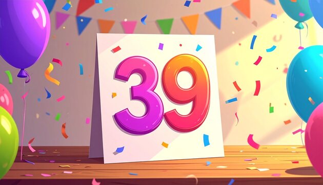 Birthday or anniversary card with number 39. Cartoon illustration with bright colors and balloons