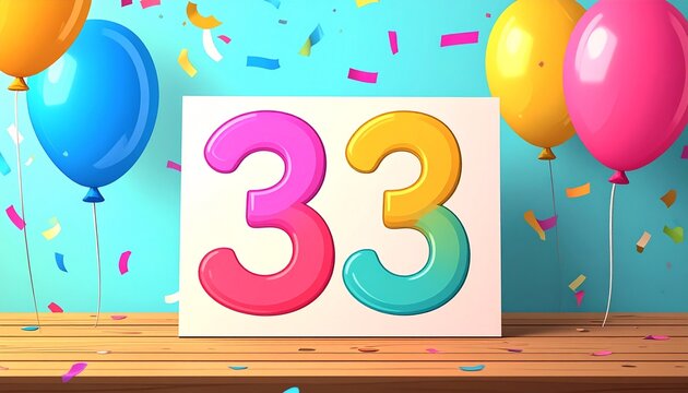 Birthday or anniversary card with number 33. Cartoon illustration with bright colors and balloons