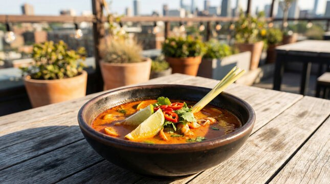 Tom Yum Goong Soup on Outdoor Wooden Table with Cityscape Background