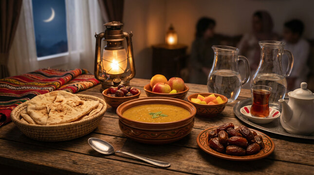 Traditional Iftar Meal Spread Ramadan Dates Bread Soup Fruits Drinks Lantern