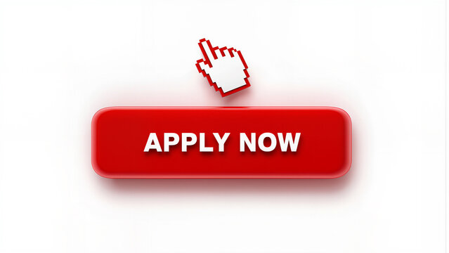 Red apply now button with hand cursor on white background