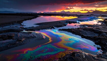 Naklejka premium A striking conceptual landscape shot featuring an oil slick on a wet beach reflecting a dramatic and vibrant sunset over distant mountains.
