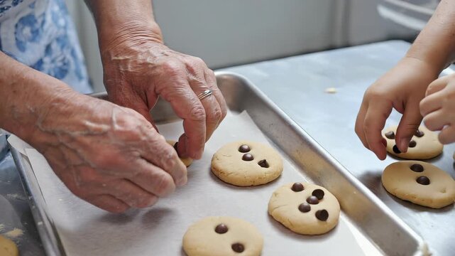 Intergenerational moment of baking chocolate chip cookies. An older adult guides a child in decorating fresh, homemade treats on a metal sheet pan.