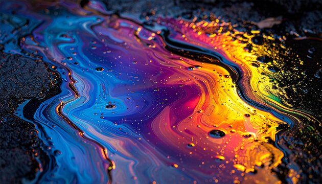Vibrant rainbow oil slick abstract texture on wet dark asphalt pavement creating a beautiful colorful liquid pattern for artistic background.
