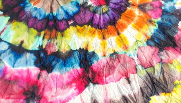 Vibrant spiral tie dye pattern background with a bright artistic mix of multi colored ink swirls on soft fabric texture for creative design.