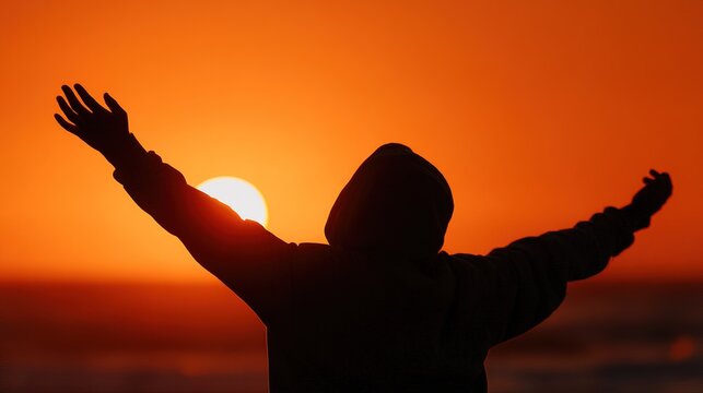 silhouette person stands with arms outstretched, dancing as the sun sets over the ocean. sky glows with orange and yellow colors, marking the transition to evening