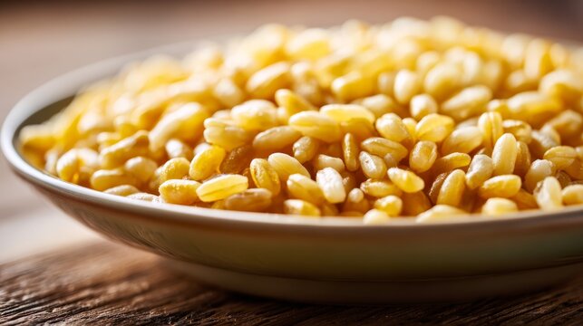 kamut. Close-up of a bowl containing cooked grains, highlighting their elongated shape. menu design, packaging mockups, designed for culinary blogs and recipe cards for restaurants.
