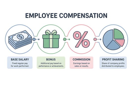 Employee compensation flat vector illustration set with base salary bonus commission and profit sharing icons on white background