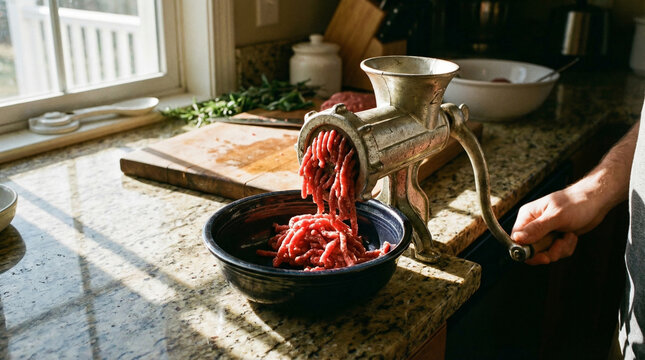 Vintage Manual Meat Grinder Grinding Raw Meat Into Bowl in Kitchen