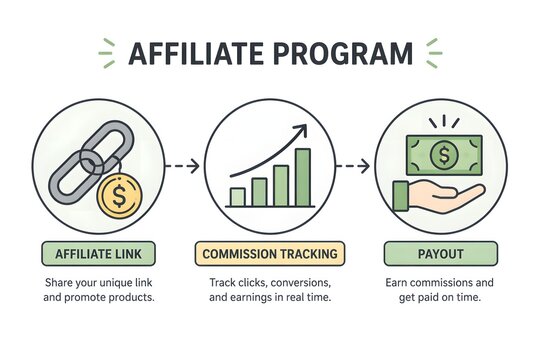 Flat vector affiliate program infographic set with affiliate link, commission tracking bar chart and payout hand icons, minimal corporate style