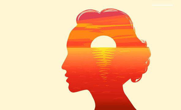 Sunrise over ocean inside of silhouette profile female head. Woman mindset awakening psychology mental health concept art illustration